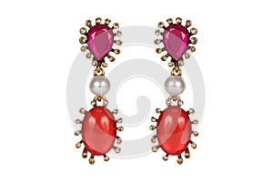 Jewelry on a white background. Women`s earrings premium with precious stones. Isolate Jewelry. Briliant.