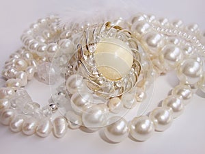 Jewelry, white pearl necklace and brooch
