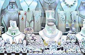 Jewelry in the window case of a jewelleries shop