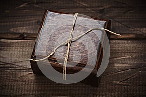 Jewelry wooden box on wooden background. Gift box