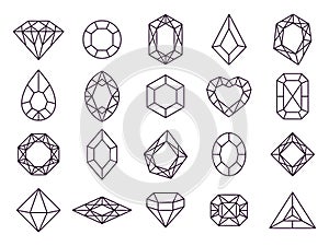 Jewels diamond icons. Diamonds gems, luxury jewel gemstones and precious gem isolated vector line icon set