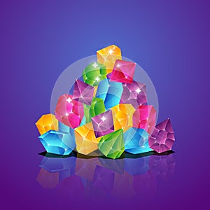 Jewels pile. Colored diamonds heap gems brilliant piles treasure cartoon vector illustration