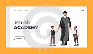 Jewish Academy Landing Page Template. Traditional Jewish Family, Orthodox Jew Father with Sons Characters