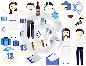 Jewish Bar mitzvah Bat mitzvah vector icons elements. Jewish girl celebrating 12th birthday, Jewish boy celebrating 13th birthday