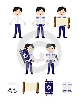 Jewish boy Bar Mitzvah set - Set of vector character with tallit, tefillin, kippah, Torah scroll
