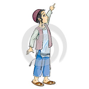 Jewish boy in a kippah with dogs and tzitzit brushes pulls his hand up, isolated object on a white background, vector illustration photo