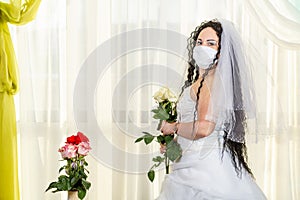 A Jewish bride in a synagogue before a huppa ceremony during a pandemic, wearing a medical mask and a bouquet of flowers