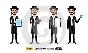 Jewish business cartoon man standing with tablet concept flat vector isolated on white