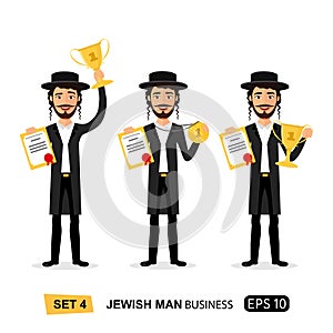 Jewish business man winner success excited smiling male raising trophy prize, medal and certificate concept cartoon