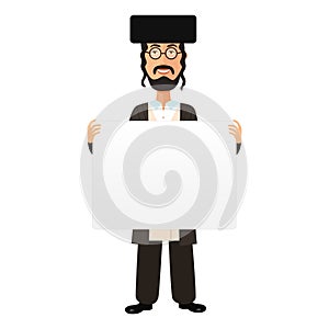 Jewish cartoon flat smile man holding banner isolated on white background vector