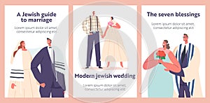 Jewish Couples Wedding Ceremony Banners, Contemporary Jew Groom and Bride Characters Wear Festive Clothes