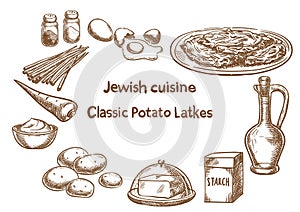 Jewish cuisine. Classic potato latkes ingredients.