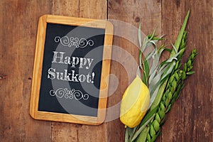 Jewish fall festival of Sukkot. Traditional symbols & x28;The four species& x29;: Etrog, lulav, hadas, arava