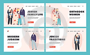 Jewish Family Life Landing Page Template Set. Traditional Orthodox Jew Parents, Grandfather and Kids Characters