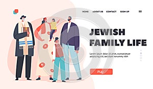 Jewish Family Life Landing Page Template. Traditional Orthodox Jew Parents, Grandfather and Kids Characters