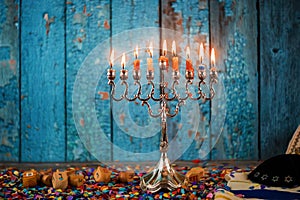 Selective focus of Hanukkah menorahs traditional candelabra in the Jewish Festival photo