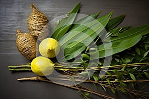 Jewish festival of Sukkot. Traditional symbols Etrog, lulav, hadas and arava