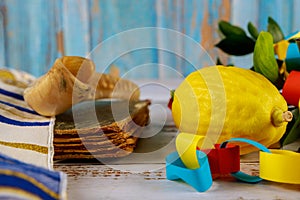 Jewish festival of Sukkot the traditional symbols Etrog, lulav, hadas, arava. praying book kippah Tallit