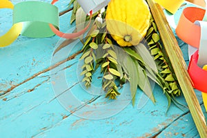 Jewish festival of Sukkot. Traditional symbols & x28;The four species& x29;: Etrog, lulav, hadas, arava.