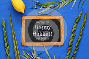 Jewish festival of Sukkot. Traditional symbols & x28;The four species& x29;: Etrog, lulav, hadas, arava