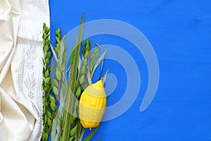 Jewish festival of Sukkot. Traditional symbols & x28;The four species& x29;: Etrog, lulav, hadas, arava