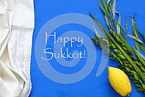 Jewish festival of Sukkot. Traditional symbols & x28;The four species& x29;: Etrog, lulav, hadas, arava