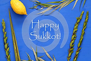 Jewish festival of Sukkot. Traditional symbols & x28;The four species& x29;: Etrog, lulav, hadas, arava