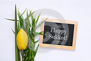 Jewish festival of Sukkot. Traditional symbols & x28;The four species& x29;: Etrog, lulav, hadas, arava