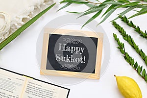 Jewish festival of Sukkot. Traditional symbols & x28;The four species& x29;: Etrog, lulav, hadas, arava