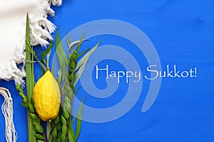 Jewish festival of Sukkot. Traditional symbols & x28;The four species& x29;: Etrog, lulav, hadas, arava