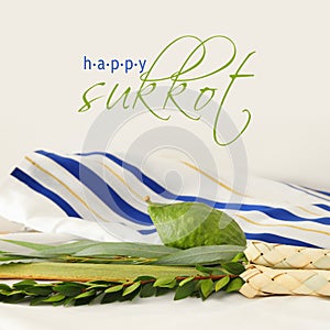 Jewish festival of Sukkot. Traditional symbols The four species: Etrog, lulav, hadas, arava photo