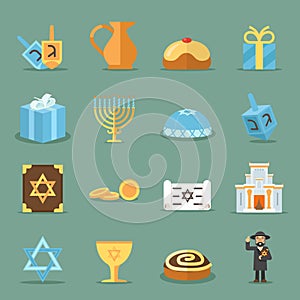 Jewish flat icons. Israel and judaism vector symbols with rabbi, torah synagogue