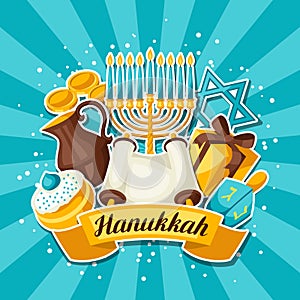 Jewish Hanukkah celebration card with holiday sticker objects