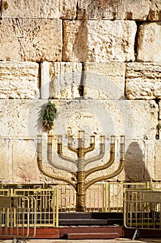 Jewish Hanukkah menorah near the Jerusalem Wailing Wall in Israel