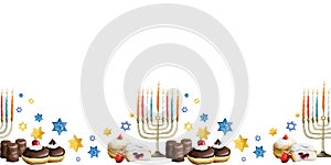 Jewish Hanukkah seamless horizontal border with menorah, traditional donuts, dreidel and blue, yellow stars of David.