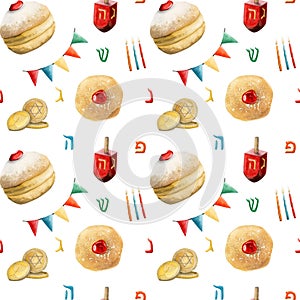 Jewish Hanukkah seamless pattern with traditional symbols and bakery for party designs, gift paper, festive tableware. Donuts, photo