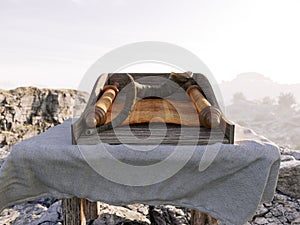 Jewish holiday background with old scroll of tora and landscape concept photo photo