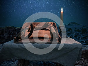 Jewish holiday background with old scroll of tora and landscape concept photo