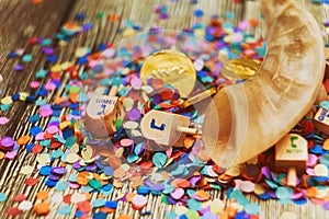 Jewish holiday Dreidel still life composed of elements the Chanukah Hanukkah festival