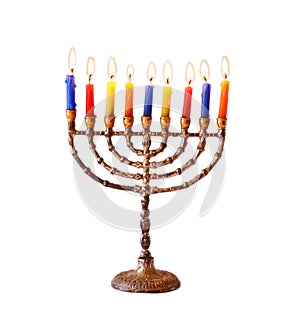 Jewish holiday Hanukkah background with menorah Burning candles isolated on white