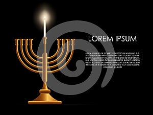 Jewish holiday Hanukkah background, realistic menorah (traditional candelabra), ner shamash burning candle, blur effect. Religious