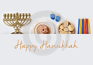 Jewish holiday Hanukkah banner design with menorah, sufganiyot a