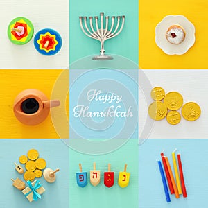 jewish holiday Hanukkah collage background with traditional menorah & x28;traditional candelabra& x29; and doughnut
