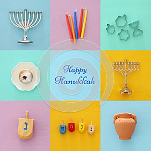 Jewish holiday Hanukkah collage background with traditional spinnig top, menorah traditional candelabra, doughnut and candles