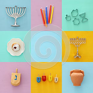 jewish holiday Hanukkah collage background with traditional spinnig top, menorah & x28;traditional candelabra& x29;