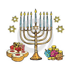 Jewish holiday Hanukkah greeting card. Doodle Set of traditional Chanukah symbols isolated on white - dreidels, Hebrew photo