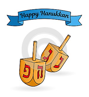 Jewish holiday Hanukkah greeting card. Traditional dreidels
