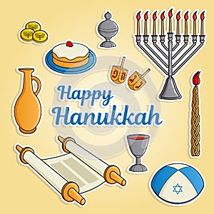 Jewish holiday Hanukkah greeting card. Traditional menora, candle, cup of wine, hat, jug of oil, dreidel with Hebrew photo