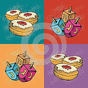 Jewish holiday Hanukkah greeting cards. Set of Traditional Chanukah symbols - dreidels and donuts. Festival of lights pattern. Po