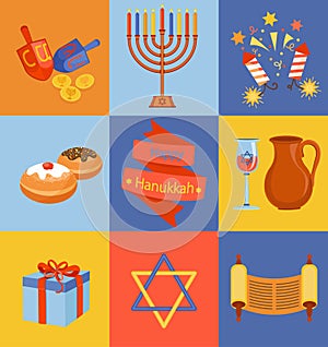 Jewish Holiday Hanukkah icons set.